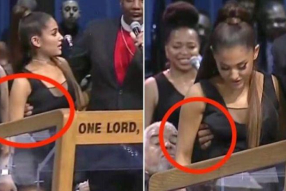 Imágenes en que se ve como el sacerdote toca el pecho a Ariana Grande en el funeral de Aretha Franklin.