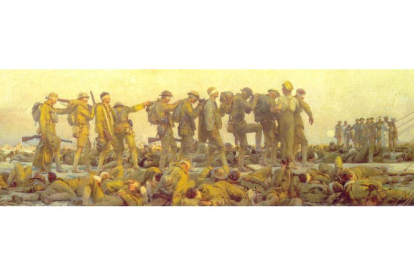 Imagen del célebre cuadro de John Singer Sargent sobre los soldados gaseados en la I Guerra Mundial, portada del libro de Carlos Fidalgo.