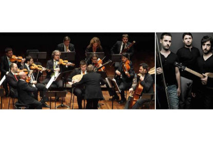 Imagen de Los Músicos de su Alteza, en un concierto en el Auditorio Ciudad de León; y los tres jóvenes intérpretes que integran Forma Antiqua.