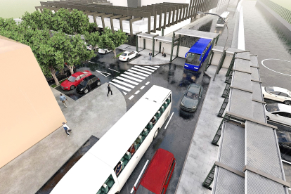 Recreación de la solución propuesta. Vista elevada de la salida de autobuses a calle Sancho el Gordo. JCyL