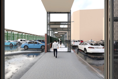 Recreación de la solución propuesta, una entrada y salida de vehículos del aparcamiento privado bajo la marquesina intermodal de la calle Sancho el Gordo. JCyL
