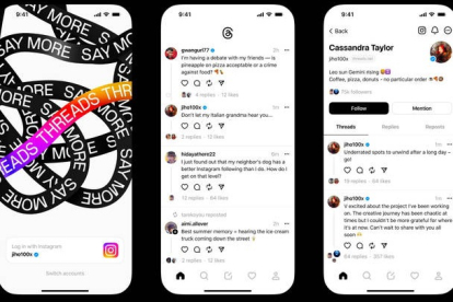 Composición de tres fotografías divulgadas por Meta donde se muestran tres capturas de la entrada, portada y página personal de la cuenta de una persona en Threads. META