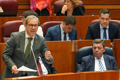 El consejero Veganzones ayer, durante su intervención en el pleno de las Cortes de CyL. RUBÉN CACHO