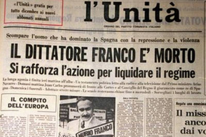 La portada de L'Unità sobre la muerte de Franco el día 20 de noviembre de 1975.