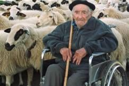 Miguel Rubio González junto a un rebaño de ovejas en su pueblo de Palazuelo de Sayago (Zamora)