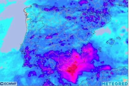 Mapa con la precipitación acumulada prevista desde ayer domingo por la tarde hasta mañana martes a última hora. Fuente: © ECMWF / METEORED