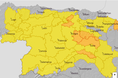 Mapa con las zonas en las que se ha declarado la situación de aviso amarillo por bajas temperaturas. AEMET