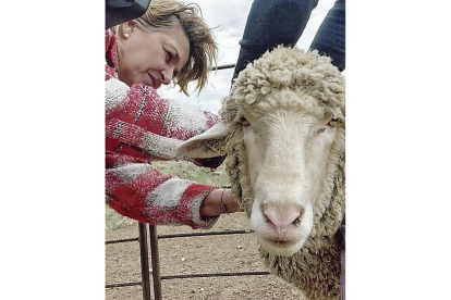Iciar Martín Aresti con una de las ovejas del rebaño de La Serena que proporciona la lana. DL