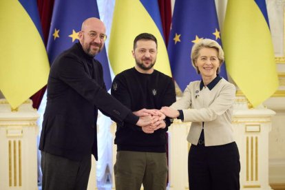 Michel, Zelenzki y Von der Leyen ayer, en la visita de la plana mayor de Bruselas a Kiev. UKRAINIAN PRESIDENTIAL PRESS
