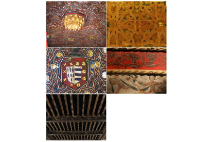 De izquierda a derecha y de arriba a abajo, artesonados de Azares del Páramo, Alija del Infantado, Santa Colomba de la Vega, Valdesaz de los Oteros y el artesonado del Museo del Prado, de Valencia de Don Juan.