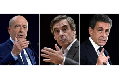 Los tres grandes favoritos en las primarias de la derecha francesa: Juppé (derecha), Fillon (centro) y Sarkozy.