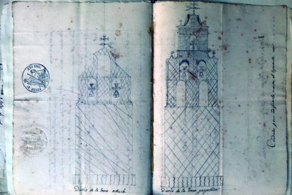Bocetos del año 1861 de la torre de entonces y de la propuesta para la nueva torre. DL