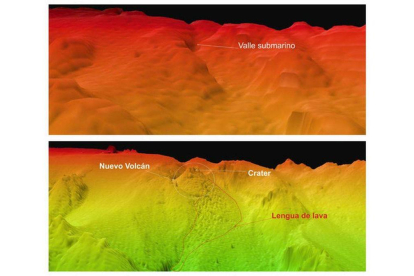 Dos imágenes facilitadas por el Ministerio de Ciencia e Innovación en las que se compara el relieve del fondo del mar antes y después de la erupción en la isla de El Hierro.