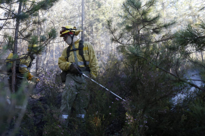 Un miembro de las brigadas forestales actuando en un incendio. FERNANDO OTERO