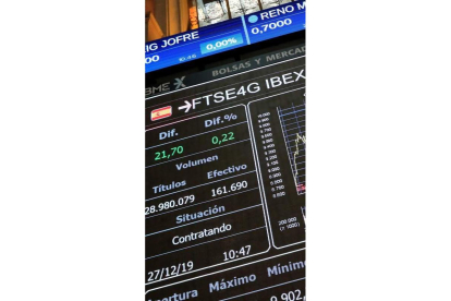 Vista de la pantalla de la Bolsa en Madrid.