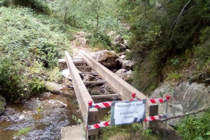 La pasarela metálica que daba acceso a la famosa cascada Cola de Caballo, en Nocedo, ha desaparecido. DL