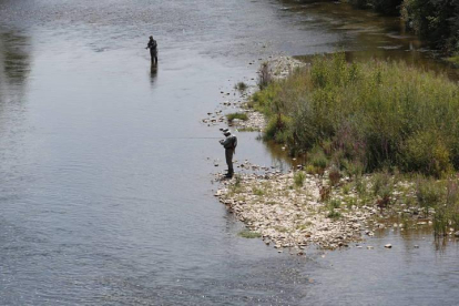Unos pescadores durante una jornada de pesca en el río Órbigo.