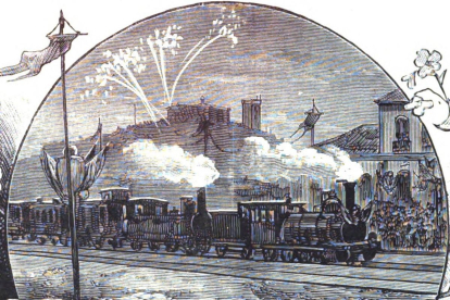Llegada del tren a Monforte de Lemos el día de la inauguración de la línea el 1 de septiembre de 1883. Grabado de La Ilustración Española y Americana. DL