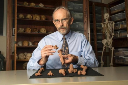 John Kappelman, de la Universidad de Tejas en Austin, muestra una reconstrucción en 3D del húmero de Lucy.