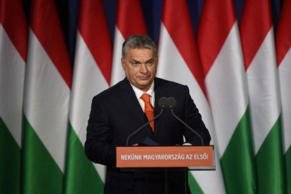 Viktor Orbán, en su mitin en Budapest.