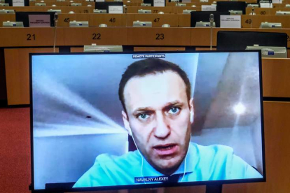 Navalni en una videoconferencia en el Europarlamento. OLIVIER HOSLET