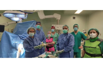 El equipo quirúrgico con la doctora Cabaleiro (izquierda) y Javier Reyero Huerga (segundo por la derecha) tras la intervención del pasado 16 de junio. DL