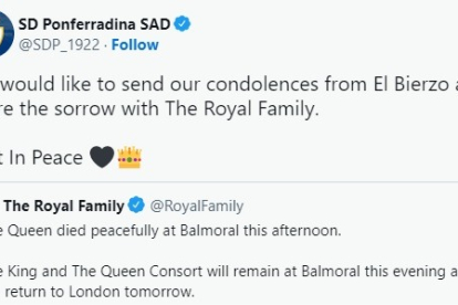 Tuit de la Ponferradina en el que muestra sus condolencias a la famlia real británica. TWITTER