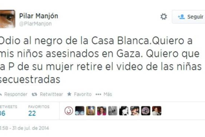 El 'tuit' de Pilar Majón dedicado a Barack Obama.