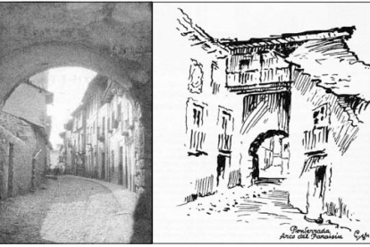 Postal y dibujo de Paco González del desaparecido Arco del Paraisín. CC