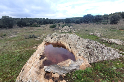 La roca rellena de cemento y convertida en un abrevadero, donde no se ven ya las cazoletas. JUAN CARLOS CAMPOS