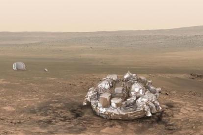Simulación del módulo 'Schiaparelli' sobre la superficie de Marte. Forma parte de la mision ruso-europea ExoMars.