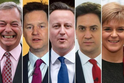 De izquierda a derecha, Nigel Farage, Nick Clegg, David Cameron, Ed Miliband y Nicola Sturgeon.