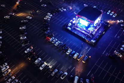A photo taken with a drone shows the drive-in live music event 'Concert in your Car'. ETIENNE LAURENT