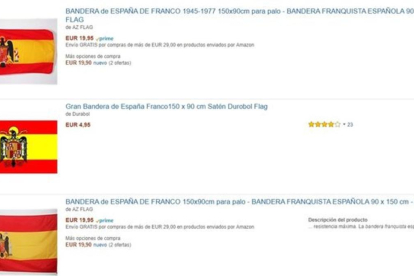 Captura de pantalla de varias banderas franquistas disponibles en Amazon España.