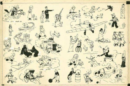 Ilustración de Hergé, de 1937, para las guardas de los álbumes de Tintín.