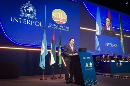 El surcoreano Kim Jong Yang, nuevo presidente electo de la Interpol, durante su discurso. INTERPOL