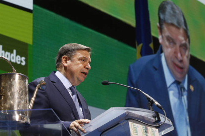 El ministro de Agricultura, Luis Planas, durante su intervención en el Congreso Nacional de Comunidades de Regantes. FERNANDO OTERO