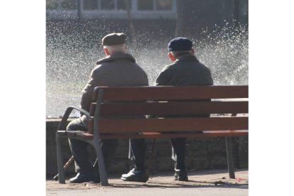 Dos hombres sentados en un parque. archivo