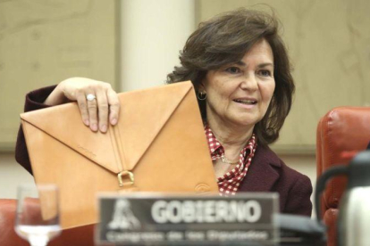 La vicepresidenta del Gobierno, Carmen Calvo, este martes en el Congreso.