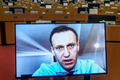 Navalni en una videoconferencia en el Parlamento Europeo. OLIVIER HOSLET