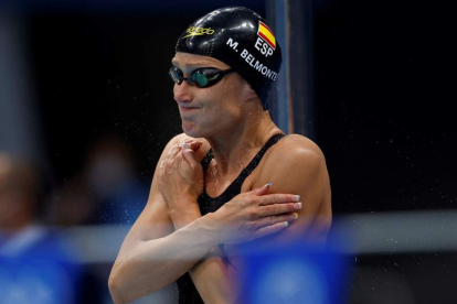 Mireia Belmonte tras competir en la final de 400 metros con gesto contrariado. FERNANDO BIZERRA