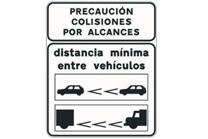 Señal informativa de la distancia mínima entre vehículos: indica, en un tramo de carretera convencional o una carretera multicarril (S-992a) o dentro de un túnel (S-992b) o en autopista o autovía (S-992c) dónde se dan frecuentemente colisiones por alcance y el número de marcas viales de galón que debe dejar un vehículo entre él y el que le precede. DGT