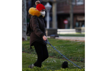 Una mujer pasea a su perro por una de las zonas verdes de la capital.