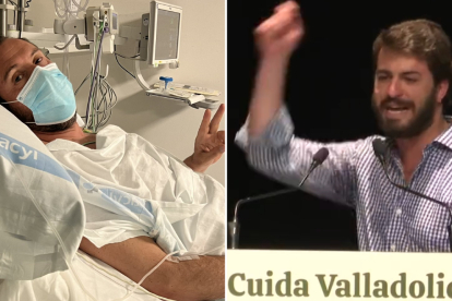 Óscar Puente tras el accidente y Juan García-Gallardo en el acto de Vox 'Cuida Valladolid'. RRSS