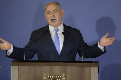 Netanyahu, durante su discurso en una conferencia de organizaciones judías de EEUU, celebrada en Jerusalén, el pasado miércoles, 21 de febrero.