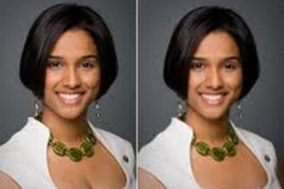 Rathika Sitsabaiesan, en la imagen original (izquierda) y en la retocada.