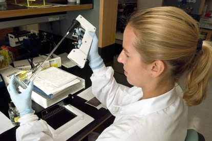 Una investigadora en el laboratorio del CNIO. EFE