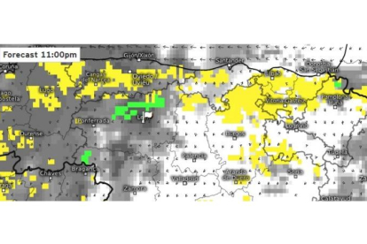 El mapa que ofrece Meteorologix para el domingo. Amarillo, lluvia; verde, nieve. METEOROLOGIX