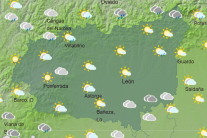 Mapa de la Agencia Estatal de Meteorología con la predicción del estado del cielo para hoy en León a las 15.00 horas,  AEMET