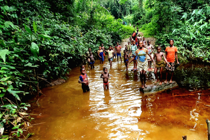 Primer contacto con una tribu de pigmenos en una zona de ciénaga selvática en un afluente del río Congo. MANUEL FÉLIX